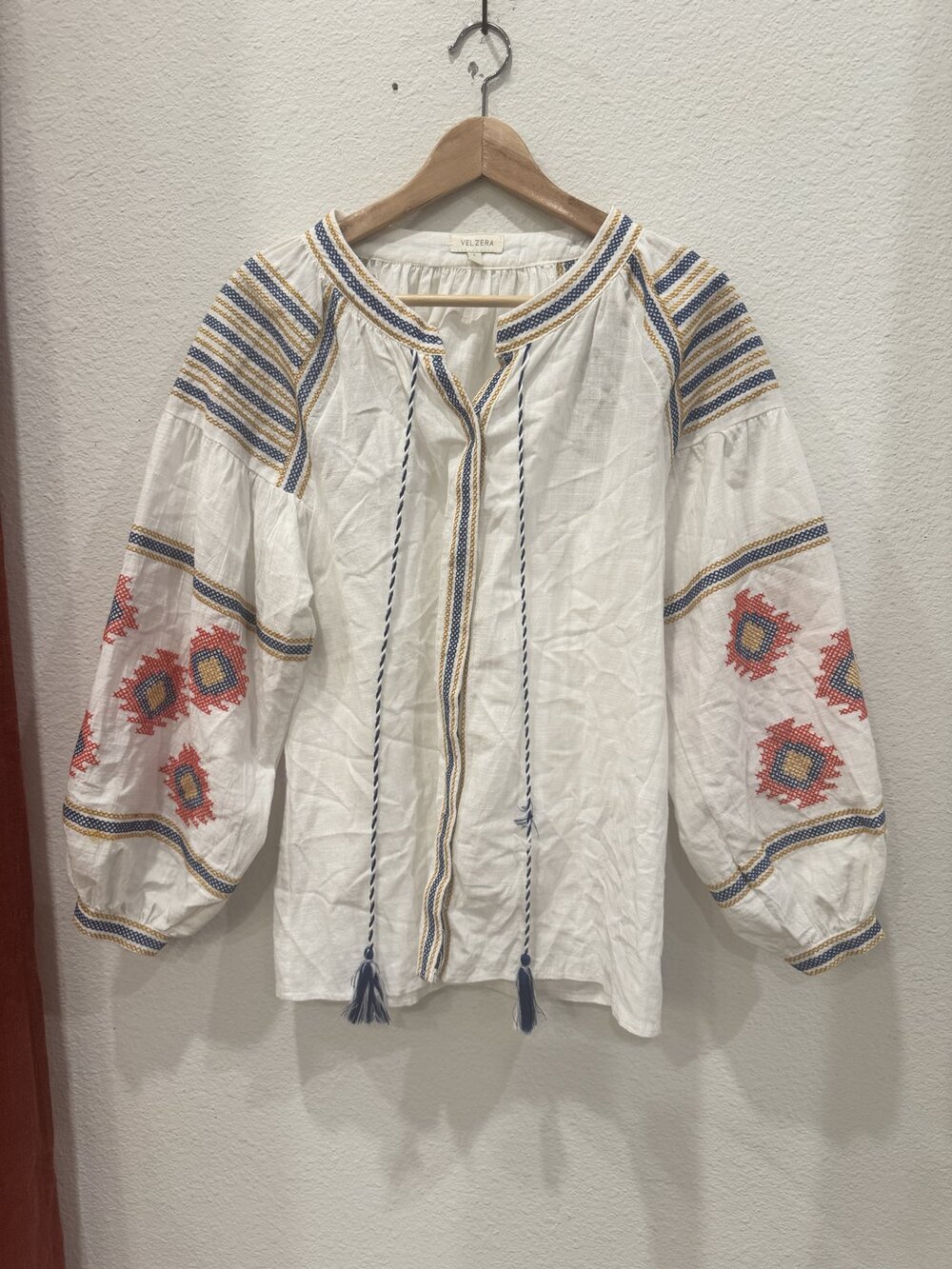 Velzera Embroidered Peasant Top S White Cotton Boho Cross Stitch Puff Sleeve